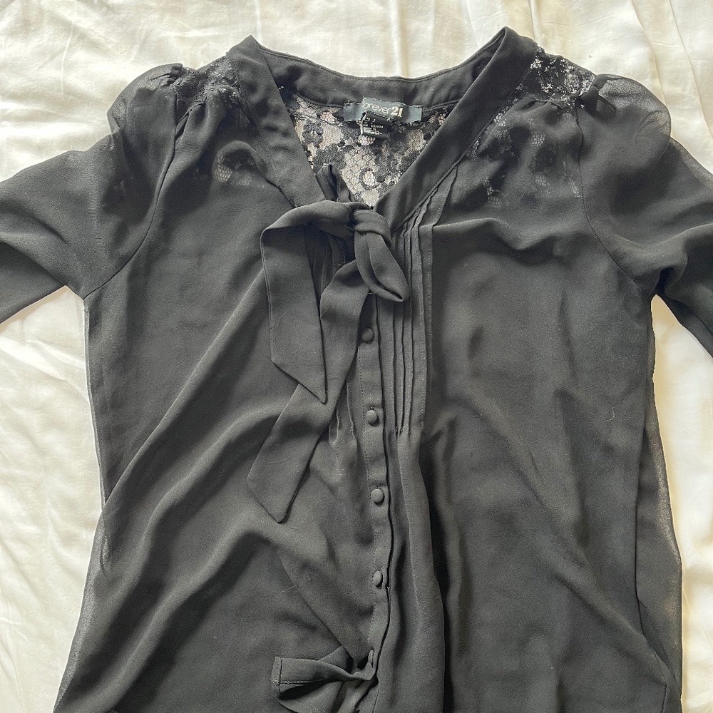Forever21, Black Long sleeve Mesh Blouse with button down and bow detail, Size S